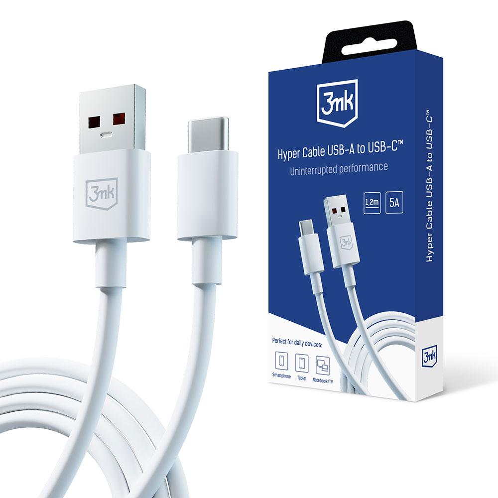 3mk Kabel Hyper Cable USB-A do USB-C 5A 1.2m biały